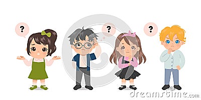 Various cute boy and girl are in doubt, pensive, thoughtful, thinking, confused, brainstorming. Question mark. Vector Illustration