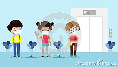 Back to school for new normal lifestyle concept, children keep distance when waiting for elevator lift, happy kids wearing mask Vector Illustration