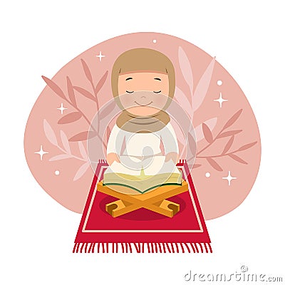 Cute muslim girl with hijab read quran and pray. Vector Illustration