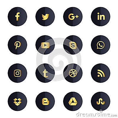 Most popular social media gold-black icons Cartoon Illustration