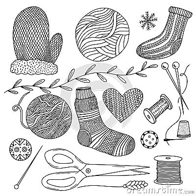 Hand drawn knitting tools. Craft supplies collection Vector Illustration