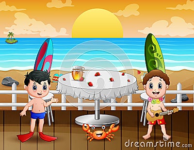 Happy vacation kids in the restaurant near the beach Cartoon Illustration
