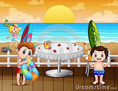 Happy vacation kids in the restaurant near the beach Cartoon Illustration