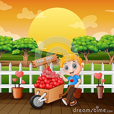 Happy boy pushing a trolley in the park Cartoon Illustration