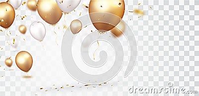 Celebration banner with gold confetti and balloons isolated on transparent background Vector Illustration