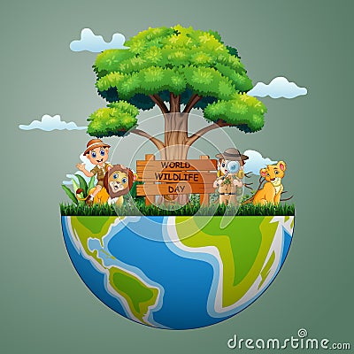 World Wildlife Day sign with zookeeper boys and lion Vector Illustration