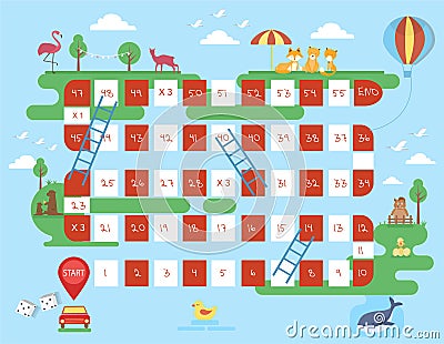 World tour board game template,Funny frame, ladders game,Vector illustrations. Vector Illustration