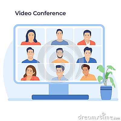 Stay and work from home. Video conference illustration. Workplace, laptop screen, group of people talking by internet. Vector Illustration