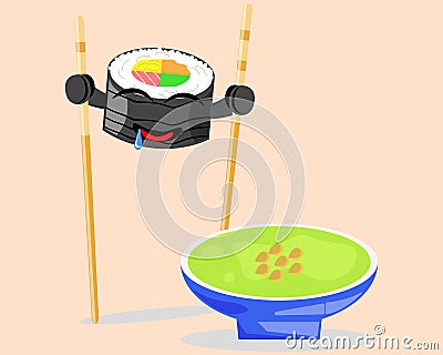 Illustration cartoon character of japanese food, balck seaweed sushi climbs on chopsticks to jump into the wasabi s Vector Illustration