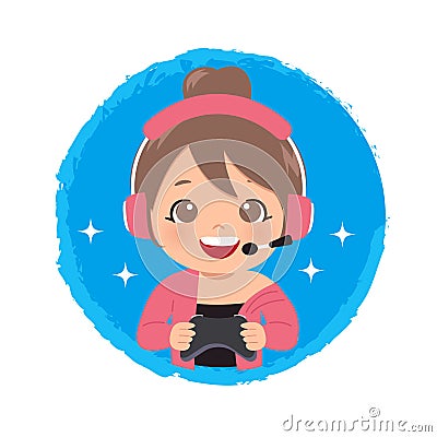 Cute gamer girl logo holding a joystick to play online games. Vector Illustration