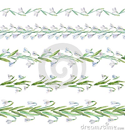 Collection of the floral watercolor seamless border. Set of cute retro snowdrops elements for frame Vector Illustration