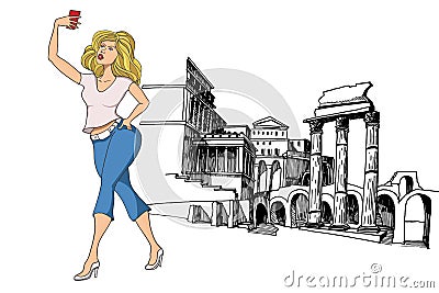 PrintGirl tourist makes selfie in Rome, Italy. Stock Photo
