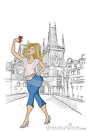 PrintGirl tourist makes selfie in Prague. Stock Photo