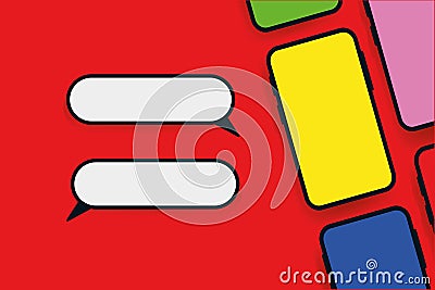 Illustration of several smartphones with different colored screens and two chat icons on the sides Stock Photo