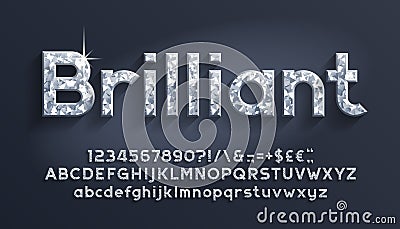 Brilliant alphabet font. Luxury diamond letters, numbers and punctuations. Uppercase and lowercase. Vector Illustration