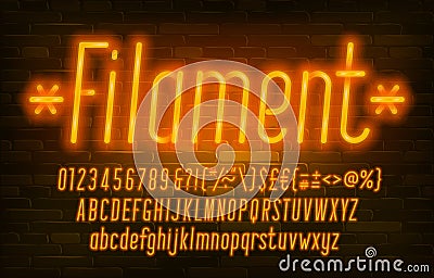 Filament alphabet font. Neon light simple letters, numbers and punctuation. Uppercase and lowercase. Vector Illustration