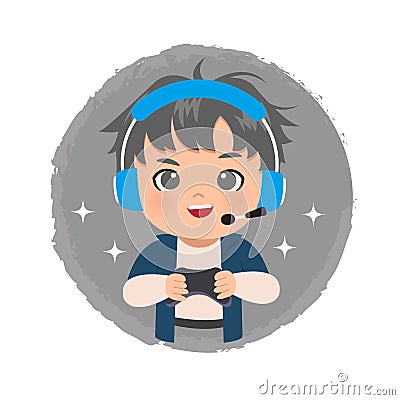 Cute gamer boy logo wearing headset holding a joystick to play online games. Vector Illustration