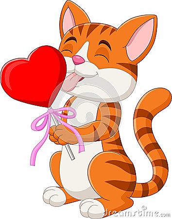 Cartoon funny cat eating heart lollipop candy Vector Illustration