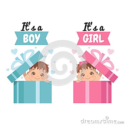 Cute infant in surprise gift box with a phrase `It`s a boy` and `It`s a girl`. Vector Illustration