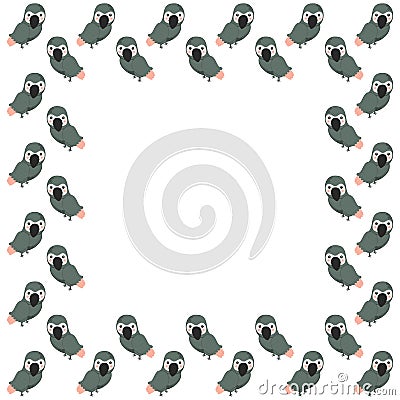 Square frame of cute cartoon characters gray parrots on a white background. Vector Illustration