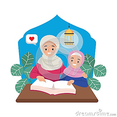 Young mother teaching her daughter to read quran. Islamic educational concept. Vector Illustration