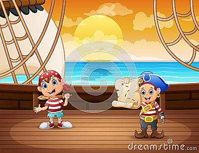 Cartoon of two pirate kids on a ship Vector Illustration