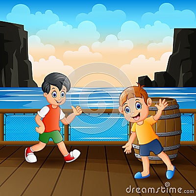 Happy boys playing on the wooden port Vector Illustration