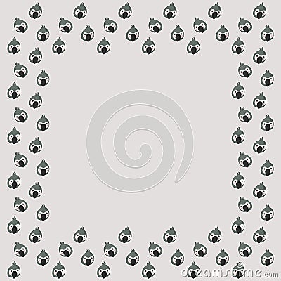 The cute square frame of cartoon faces of characters gray parrots with the crests from above on a light gray background. Border of Vector Illustration