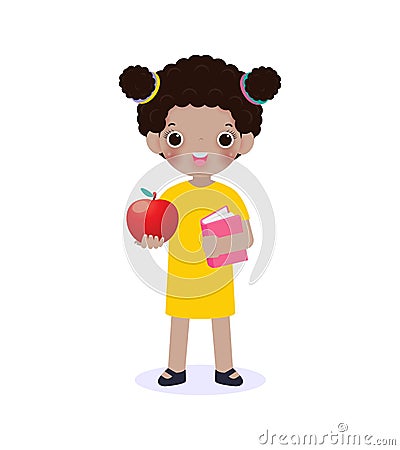 Happy american black children girl standing and holding book with apple, cute pupil reading a book kid back to school Flat Cartoon Vector Illustration