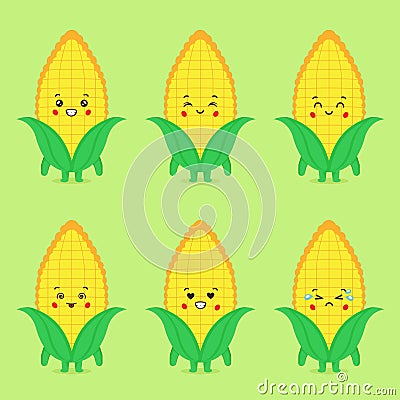 Cute Corn and Pop Corn with Happy Expression Vector Illustration