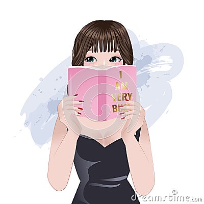 Cute Asian girl reading a book. Vector Illustration