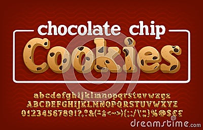 Chocolate Chip Cookies alphabet font. Cartoon letters, numbers and punctuation. Vector Illustration