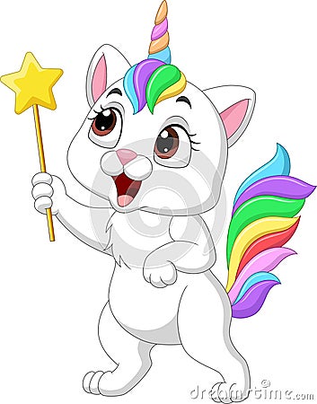Cartoon funny unicorn cat holding magic wand Vector Illustration