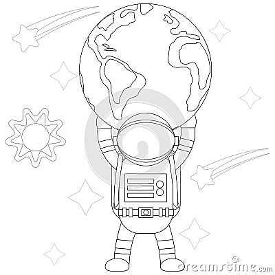 Illustration vector graphic coloring book of astronaut lift up earth Vector Illustration