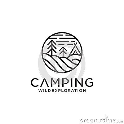 Camping Forest logos consisting of mountains, camp and trees line style isolated for explore emblem, hiking sticker, tourist Stock Photo