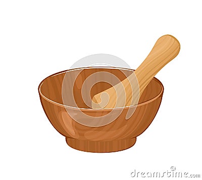 Wooden mortar with pestle isolated on white background. Vector illustration of kitchen utensils Vector Illustration