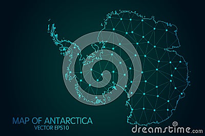 Map of Antarctica - With glowing point and lines scales on the dark gradient background, 3D mesh polygonal network connections Vector Illustration