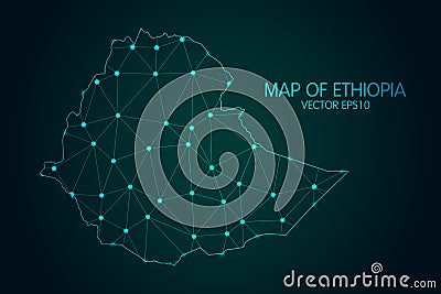 Map of Ethiopia - With glowing point and lines scales on the dark gradient background, 3D mesh polygonal network connections Vector Illustration