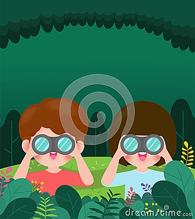 Cute little boy and girl watching something through binoculars in the forest. Children have summer outdoor adventure. kids summer Vector Illustration
