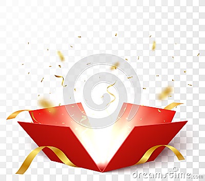Open box with gold confetti , isolated on transparent background Vector Illustration