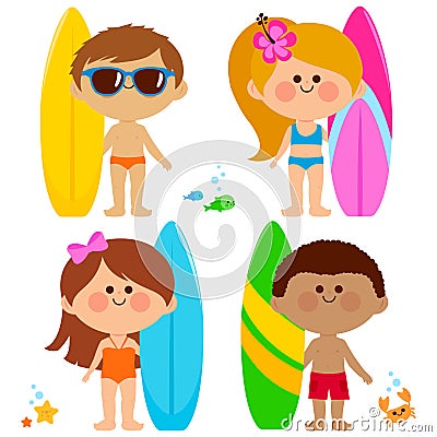 Children with surfing boards. Vector illustration Vector Illustration