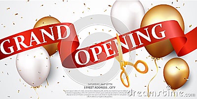 Grand opening card design with red ribbon and gold confetti Vector Illustration