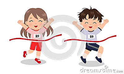 Cute girl and boy winning first place in running race competition. Vector Illustration