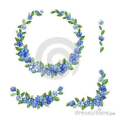 Set of vector frames with spring flowers. Collection of borders with blue flowers of different colors for your design. Vector Illustration