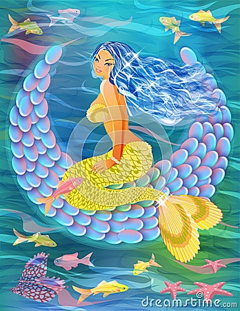 Beautiful mermaid is swinging on the moon wallpaper Vector Illustration