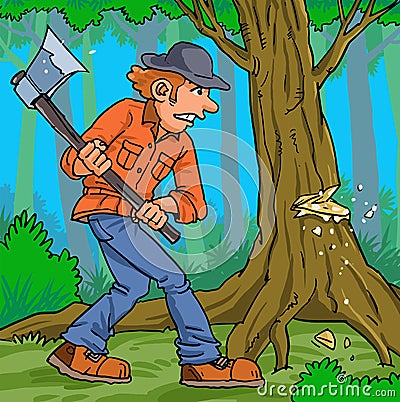 The man cut the tree with an axe Vector Illustration