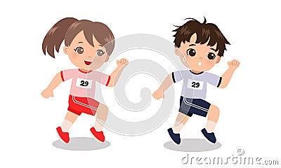 Boy and girl running in school training uniform. Vector Illustration