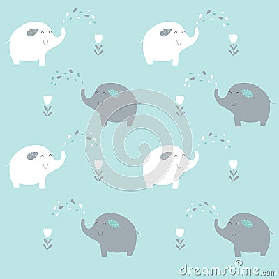 Print. Vector blue background with cartoon elephants. Vector Illustration