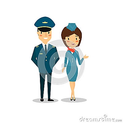 Print. Vector pilot and stewardess. cartoon airplane commander Vector Illustration