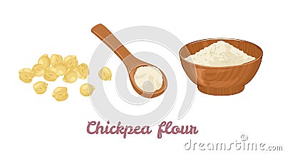 Chickpea flour in wooden spoon, bowl and heap of legumes isolated on white background. Vector illustration Vector Illustration